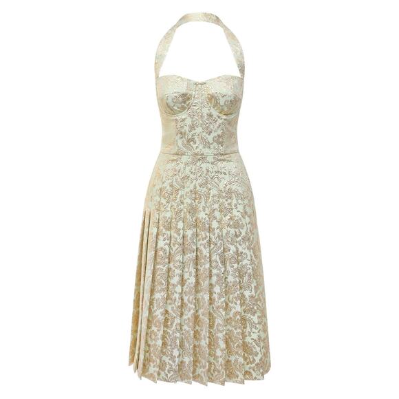 NWT DOLCE & GABBANA Gold Bustier Midi Pleated Dress Lame Jacquard  40 S - Picture 1 of 8
